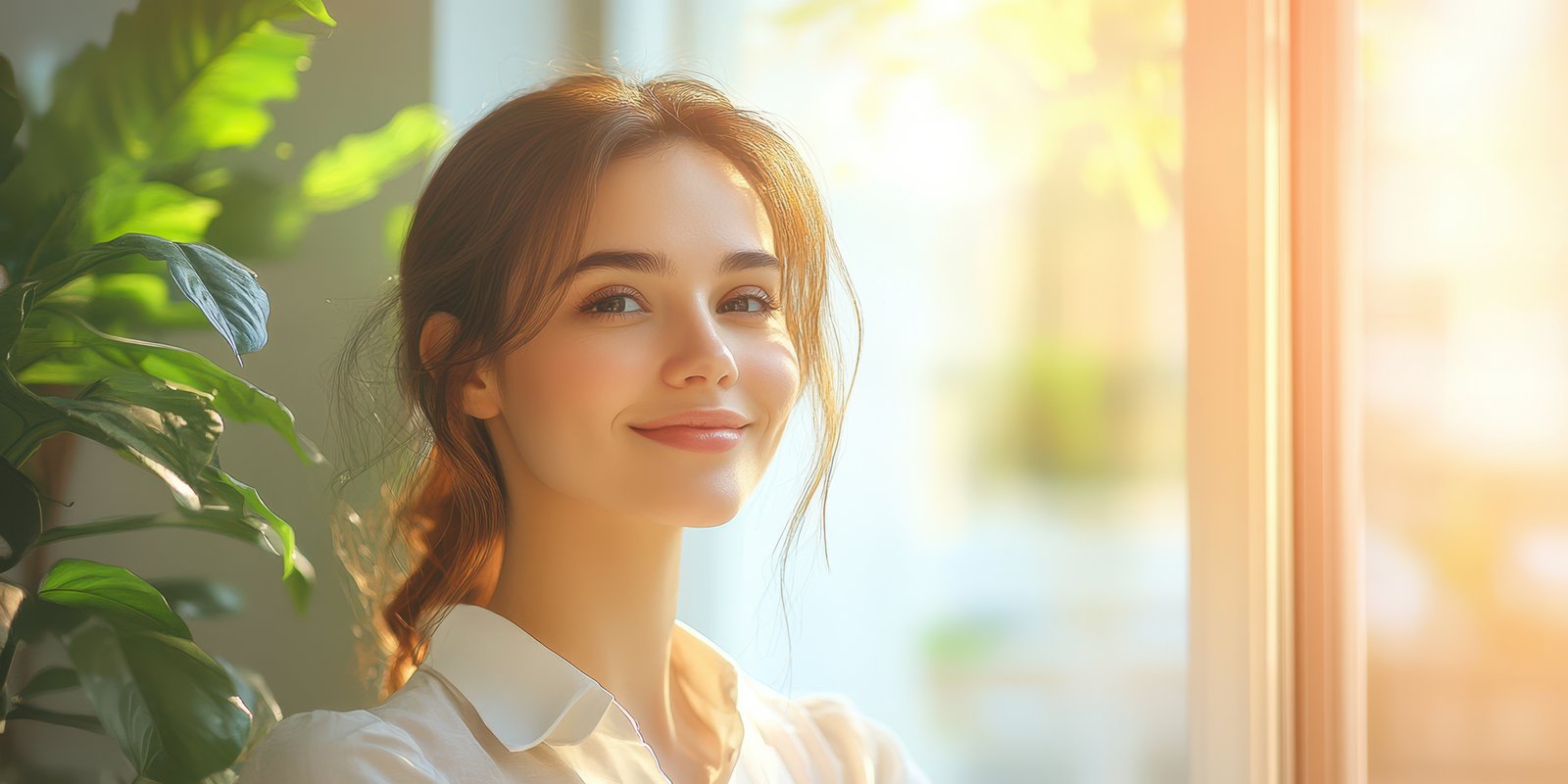 Young woman smiles while sitting by a window surrounded by green plants in bright sunlight during the day